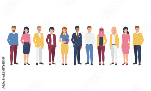 Diverse business people standing together in modern corporate team, multicultural office staff, diversity, inclusion, teamwork, professional workforce concept illustration