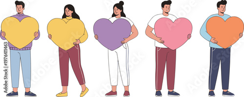 Diverse people holding colorful heart shapes symbolizing love, care, support, compassion, unity, kindness and emotional connection in modern society concept