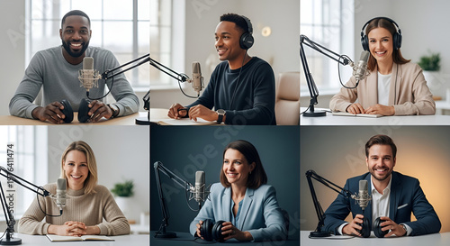 Diverse group of people smiling and recording podcasts with professional microphones and headphones, broadcast and media production, communication and interviewing