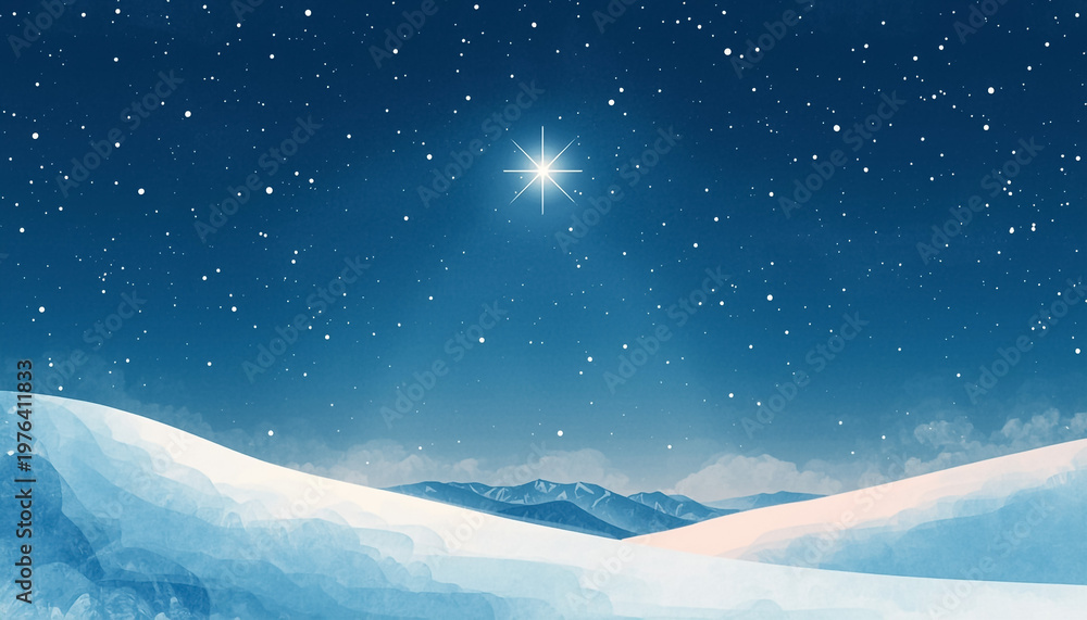 Fototapeta premium A majestic, bright star illuminates a cold, starry night sky over snow-covered hills in a beautiful watercolor winter landscape.