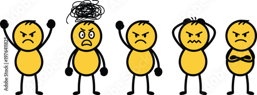 Set of angry cartoon characters showing frustration, stress, emotional reactions, negative feelings, mental health, anger management concept illustration isolated