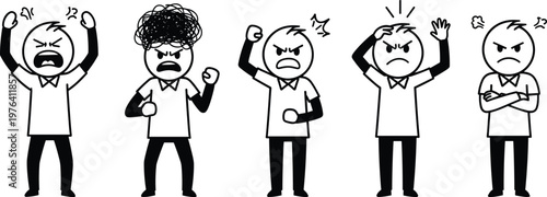 Set of angry cartoon characters showing frustration, stress, emotional reactions, negative feelings, anger management, mental health concept illustration isolated