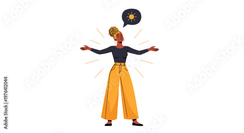 Vector illustration of woman with idea, excited female character with speech bubble, yellow and black
