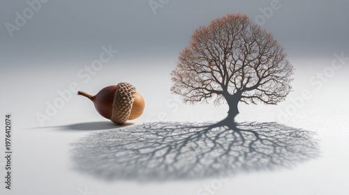 Acorn casting shadow of large oak tree. Concept of financial growth, long-term investment, and retirement planning. Small seed becoming big wealth. Saving money for future prosperity.