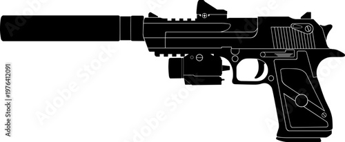 Silenced Desert Eagle with attachments silhouette vector illustration