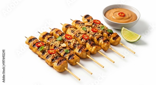 Delicious Chicken Satay Skewers with Peanut Sauce and Lime.