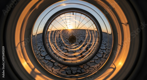 Aerial view of a cracked desert landscape through a metal grate at sunset, with a warm orange glow and a sense of desolation and isolation.