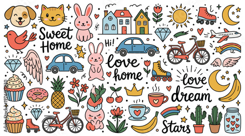 Colourful whimsical home sweet home themed sticker set with cute illustrations of animals food vehicles and decorative elements on white background