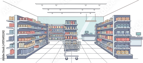 Modern Supermarket Interior Vector Illustration Front View Perspective with Aisle Shelves and Checkout in Clean Flat Design