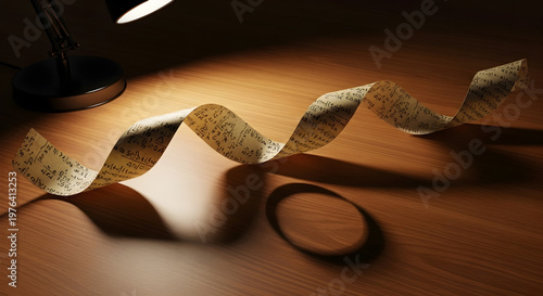A strip of paper with writing on it illuminated by a desk lamp, casting a shadow on a wooden surface with a ring