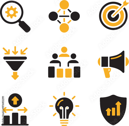 Business Strategy and Marketing Icon Set – Data Analysis, Management, and Growth Concepts