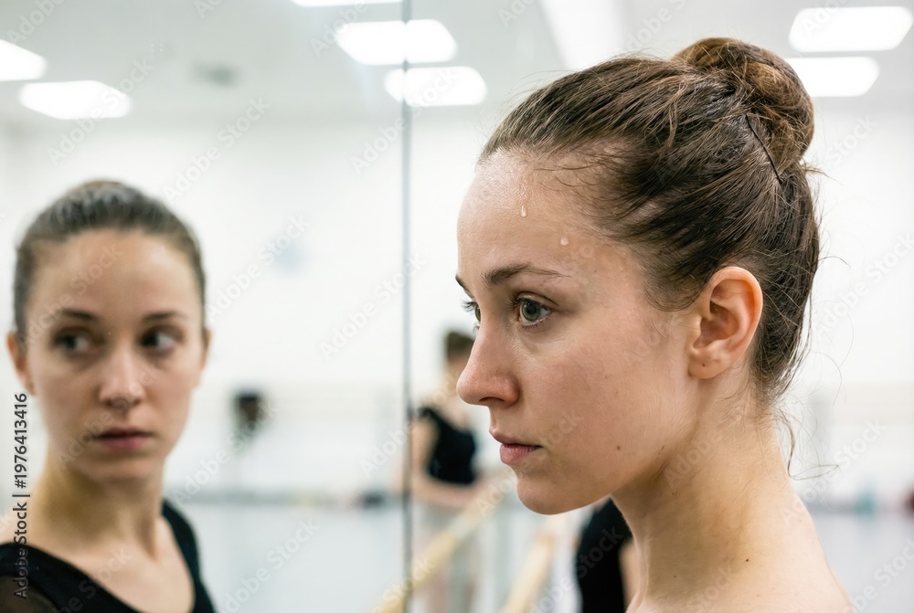 Fototapeta premium Sweaty tired ballerina staring intensely at her reflection in a dance studio mirror