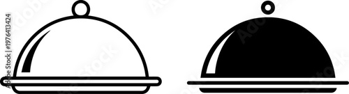 A simple illustration of two covered serving dishes in black and white
