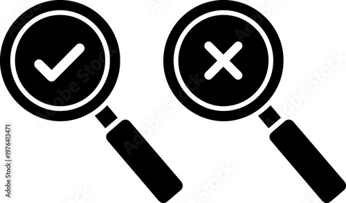 A graphic illustration of two magnifying glasses with a checkmark and an X on a white background