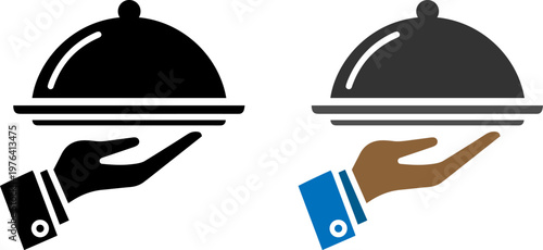 A graphic illustration of two hands holding covered serving dishes in a restaurant or food service setting