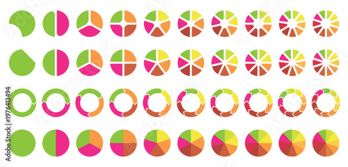Pie chart set, Circle icons for infographic. Colorful diagram collection with 1,2,3,4,5,6,7 sections and steps. Pie chart for data analysis, business presentation, UI, web design. Vector illustration.