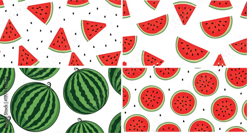 Watermelon seamless pattern collection with slices wedges whole fruits and seeds summer food vector illustration set