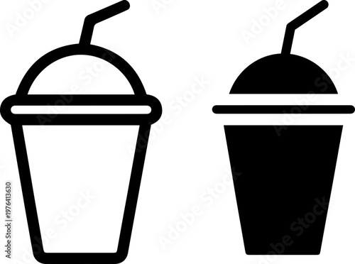 Two black and white icons of disposable cups with straws on a plain background