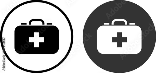 A medical first aid kit icon in black and white colors for healthcare and emergency concepts