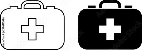 A medical first aid kit icon in black and white colors for healthcare and emergency purposes