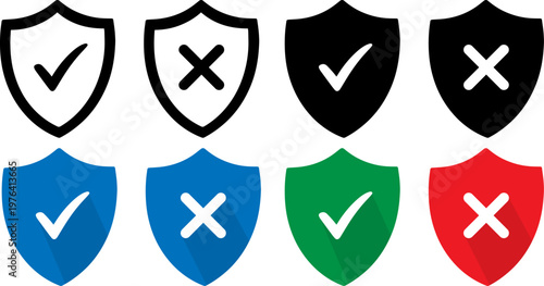 A collection of shield icons in various colors with checkmark and cross symbols