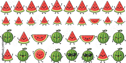 Cute watermelon character collection with funny slice and whole fruit mascots kawaii cartoon summer food vector illustration set