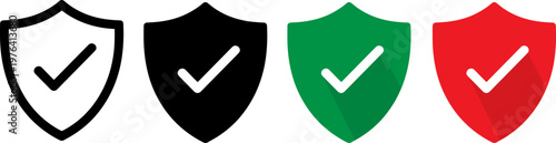 Four shield icons with checkmarks in different colors on a white background
