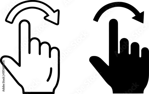 A hand icon with an arrow rotating in a circular motion on a white background