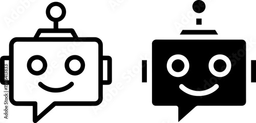 Two smiling robot icons with speech bubbles on a white background
