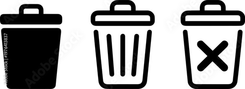 A set of simple trash can icons in different styles on a white background
