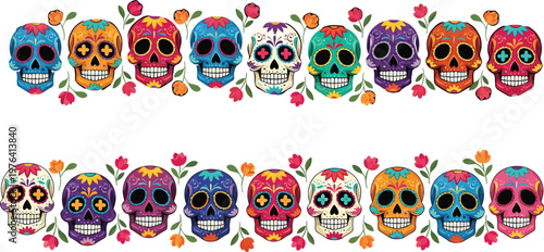 Colorful sugar skull collection with floral decorations mexican day of the dead calavera patterns festive vector illustration set