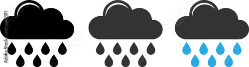 A set of weather icons depicting rainy clouds with different colored raindrops on a white background