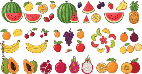 Fresh fruit collection with watermelon banana citrus berries pineapple apple and tropical varieties colorful food vector illustration set