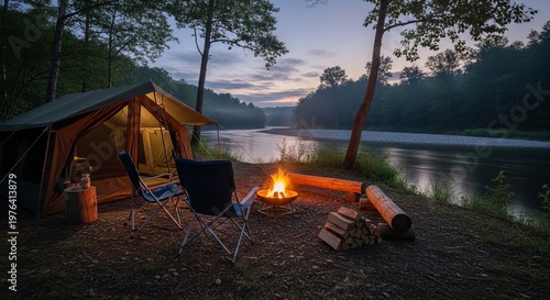 A serene camping scene by a river at dusk with a tent and campfire on transparent background