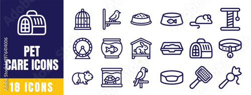 Pet Care Icons Set – Outline Vector Pack with Food Bowl, Cage, Bird Perch, Aquarium, Pet Bed, Wheel and More