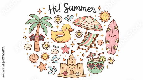 Colourful summer vacation icons with beach elements and text