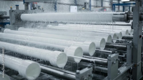 Medium shot capturing largediameter PVC pipes moving steadily through extrusion line showcasing industrial scale and cooling process precision.