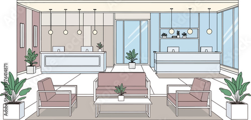 Modern Hotel Lobby Interior Vector Illustration Front View Perspective with Reception Desk and Lounge in Clean Flat Design