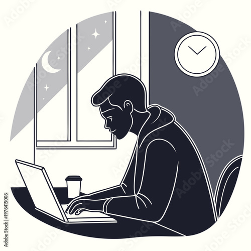A man works late at night on his laptop by the window with a cup of coffee