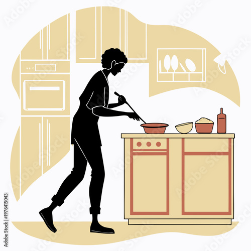 A minimalist vector illustration of a person cooking in a kitchen with a flat design style