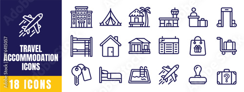 Travel Accommodation Icons Set – Outline Vector Pack with Hotel, Tent, Beach House, Hostel, Bed and More