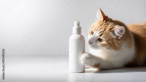 Orange Cat Investigating a White Bottle on a White Surface.
