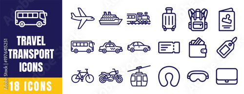 Travel and Transport Icons Set – Outline Vector Pack with Bus, Plane, Ship, Taxi, Bike, Car and More