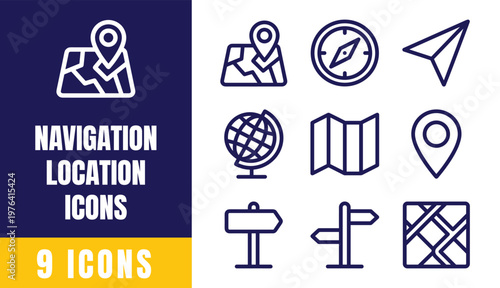 Navigation and Location Icons Set – Outline Vector Pack with Map, Compass, Globe, Pin, Signpost for Travel and GPS Design
