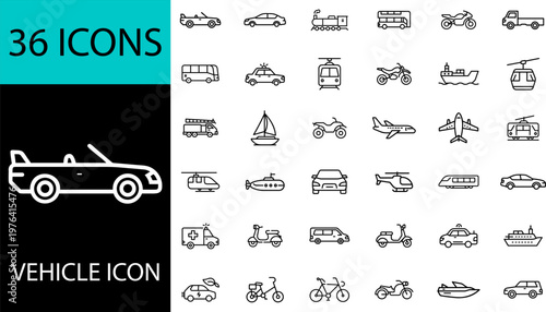 Vehicle line icons set of 36, editable stroke outline vector symbols for transportation including car, bus, train, truck, motorcycle, bicycle, airplane, helicopter and boat