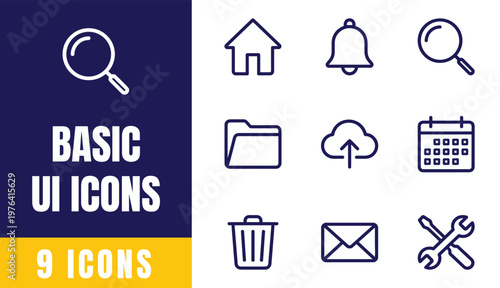 Basic UI Icons Set – Outline Vector Pack with Home, Bell, Folder, Trash, Mail and More for Web and App Design