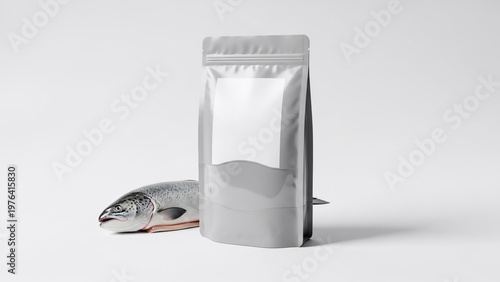 Realistic Mockup of a Fish Food Packaging with a Fresh Salmon.