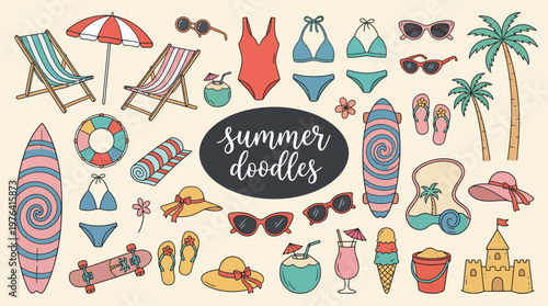 Colorful summer doodles icons set with beach accessories and vacation objects on beige background