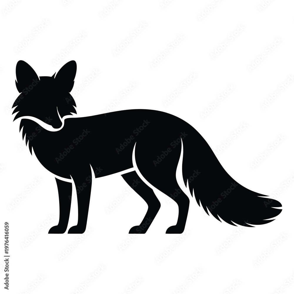 Fototapeta premium A striking black silhouette of a fox stands prominently against a plain white background silhouette