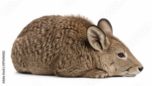 Side view of a small, brown, furry rabbit-like animal with large ears, lying down on a white background, looking to the right.